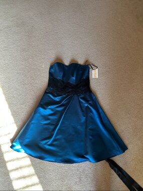 Ann Taylor Teal Satin Strapless Dress with Black Lace Waist